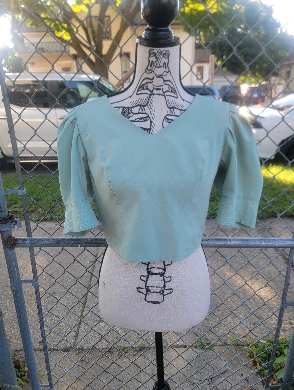 Ebba Mint Green Puff Sleeve Cropped Blouse Back Zip S/M